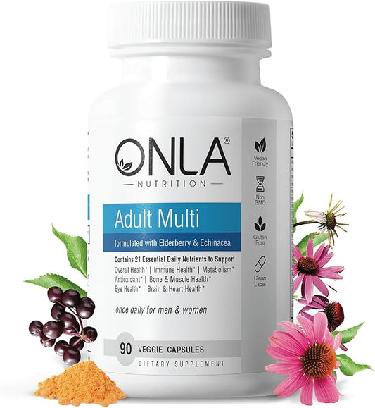 ONLA Elderberry Supplements for Women 80mg - Vegan Multivitamins for Immune Support with Echinacea 20mg, Zinc, Vitamin A,C, D3, & B6 - Non-GMO, Gluten-Free Daily Capsules- 3 Month Supply-Made in USA