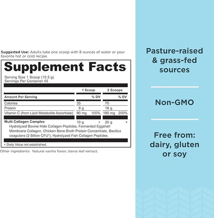 Collagen Powder Protein by Ancient Nutrition, Multi Collagen Vanilla Protein Powder, 45 Servings, with Vitamin C, Hydrolyzed Collagen Peptides Supports Skin and Nails, Gut Health, 16.7oz