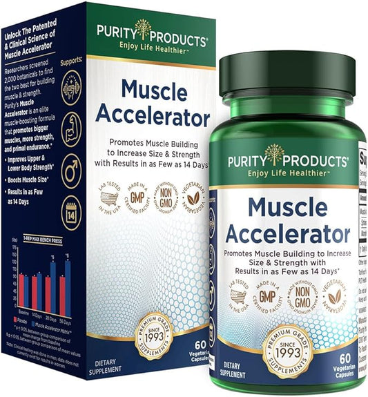 Purity Products Muscle Accelerator 650 mg Patented & Clinically Tested Muscle Accelerator Blend of Ayurvedic Herbal Extracts Promotes Strength, Endurance + Muscle Growth - 60 Veg Caps