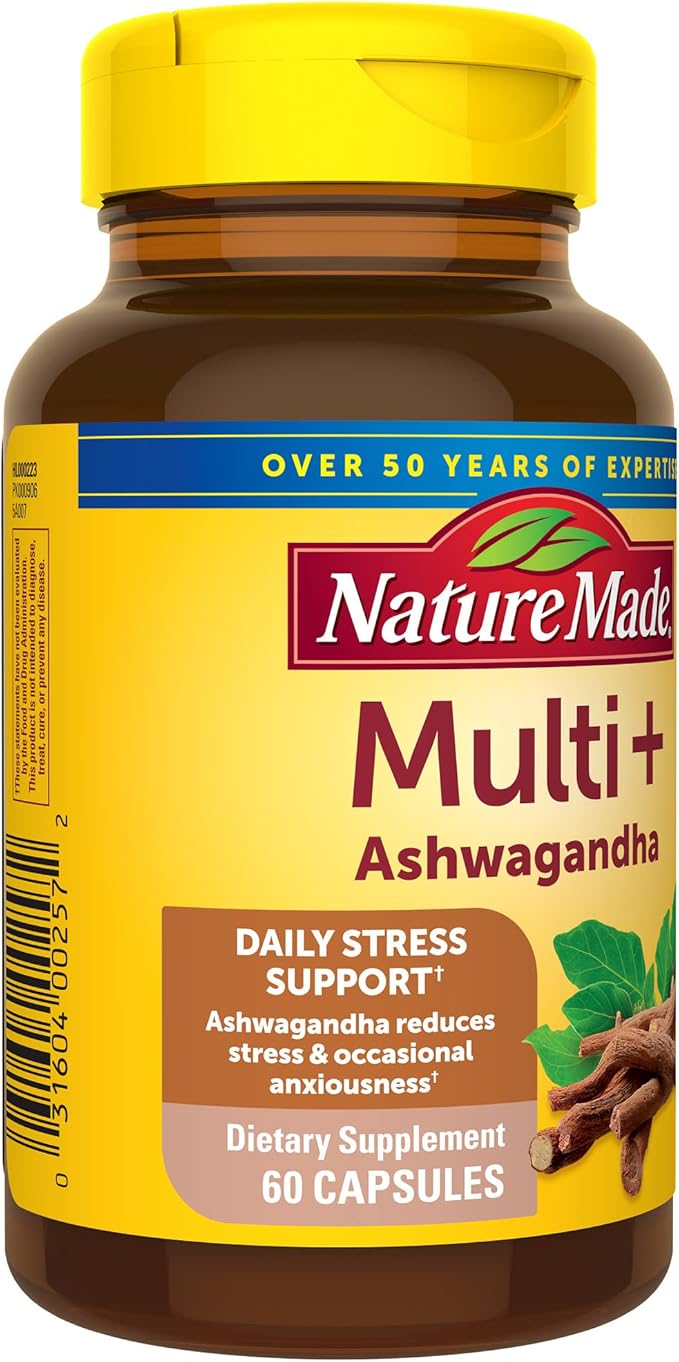 Nature Made Multi + Ashwagandha, Multivitamin for Daily Stress Relief Support, One Per Day Multivitamin, 60 Capsules