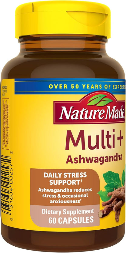 Nature Made Multi + Ashwagandha, Multivitamin for Daily Stress Relief Support, One Per Day Multivitamin, 60 Capsules