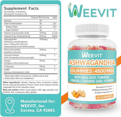 Ashwagandha Gummies 4500mg for Women & Men, Ashwagandha Gummy with Maca Root Powder | Organic Ashwa Gummies for Boost Energy