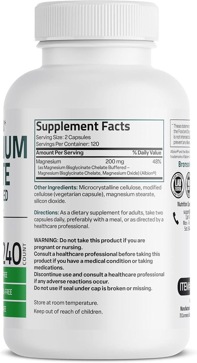 Bronson Magnesium Glycinate 200 MG per Serving Chelated for High Absorption, Gentle On Stomach, Non-GMO, 240 Vegetarian Capsules