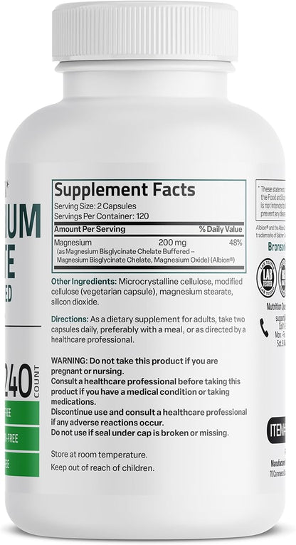 Bronson Magnesium Glycinate 200 MG per Serving Chelated for High Absorption, Gentle On Stomach, Non-GMO, 240 Vegetarian Capsules