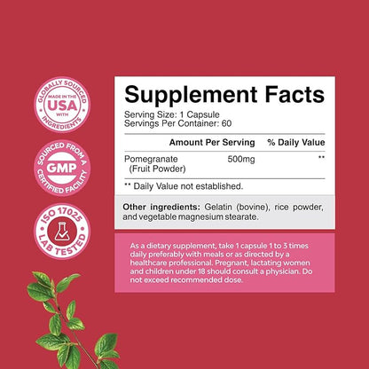 Pomegranate Extract Capsules Antioxidant Supplement - Natural Pomegranate Capsules for Heart Health Joint Support and Pre Workout for Men and Women - Nitric Oxide Supplement with Brain Health Vitamins