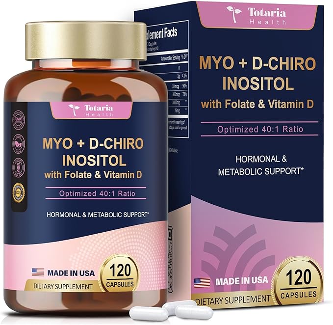 Inositol Supplement for Women with Vitamin D3, Folate, 40:1 Ratio Myo-Inositol 3000mg & D-Chiro Inositol 75mg Complex, (Vitamin B8) Inositol Capsules, Pack of 2