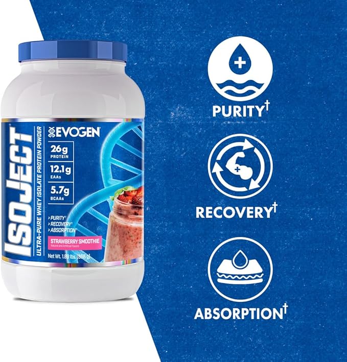 Evogen Isoject - Whey Isolate Protein Powder | Ultra-Pure Whey Isolate, Enhanced Absorption & Recovery | Ignitor Enzymes, BCAAs, EAAs | Strawberry Smoothie | 26 Servings