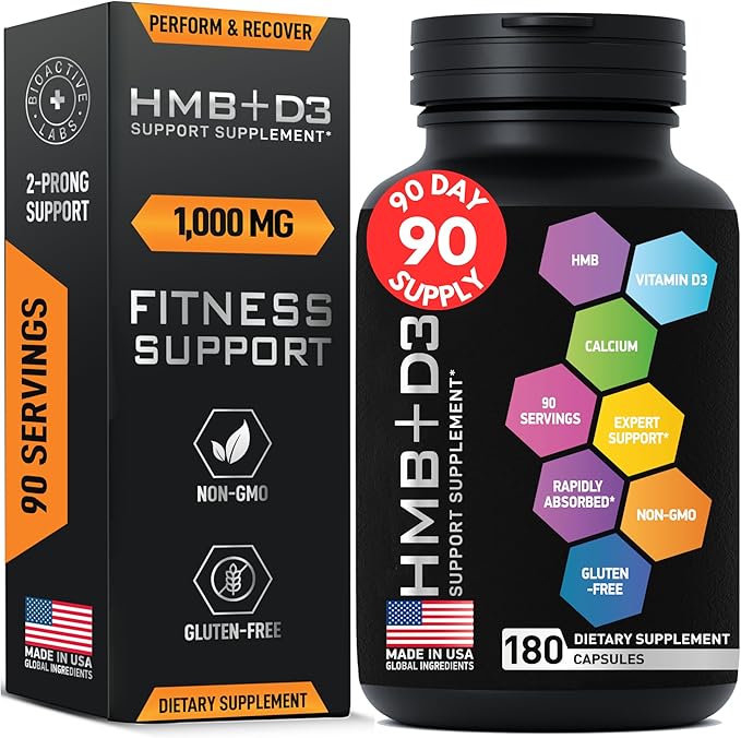 HMB Supplements with Vitamin D3 - 1,000mg Calcium Beta-Hydroxy Beta-Methylbutyrate per Serving for Muscle Growth, Strength & Recovery - 180 Gluten-Free, Non-GMO HMB Capsules, 3-Month Supply