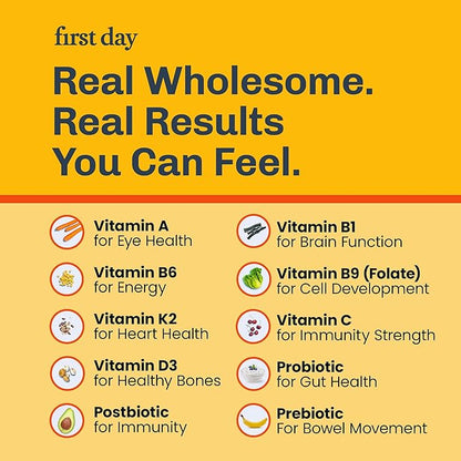 FIRST DAY Kids Daily Multivitamin + Tribiotic Gummies – Vitamin A, D3, B6, B12, C, Pre+, Post+, Probiotics & More to Support Growth, Brain Function, Immunity, Digestion – Low Sugar – 30 Day Supply