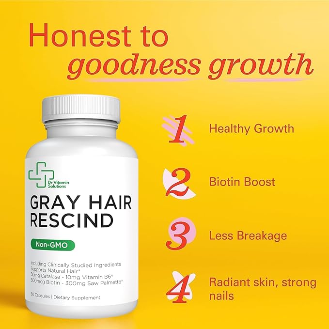 Gray Hair Rescind with Catalase - Antiaging Hair, Skin and Nails Vitamins, Pantothenic Acid, Folic Acid 400mcg, Biotin 300mcg, Saw Palmetto for Men and Women