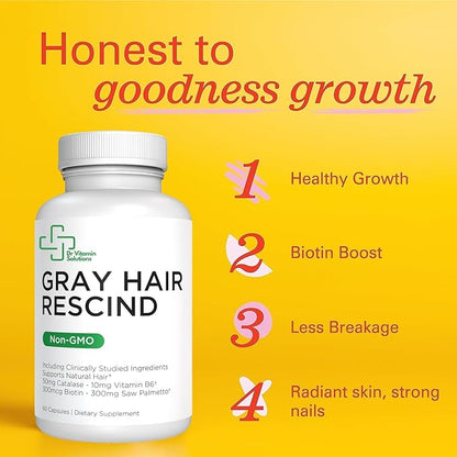 Gray Hair Rescind with Catalase - Antiaging Hair, Skin and Nails Vitamins, Pantothenic Acid, Folic Acid 400mcg, Biotin 300mcg, Saw Palmetto for Men and Women