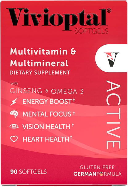 Vivioptal Active, 90 Softgels, Ginseng & Omega 3, Multivitamin & Multimineral, Gluten Free, German Formula