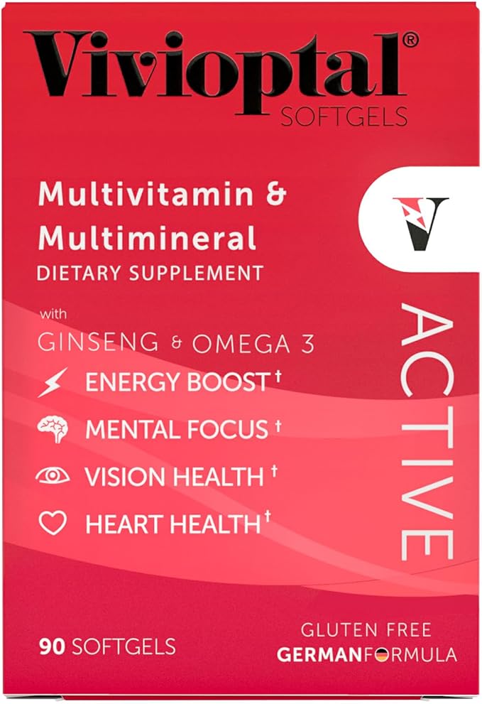 Vivioptal Active, 90 Softgels (1 Year Supply), Ginseng & Omega 3, Multivitamin & Multimineral, Gluten Free, German Formula