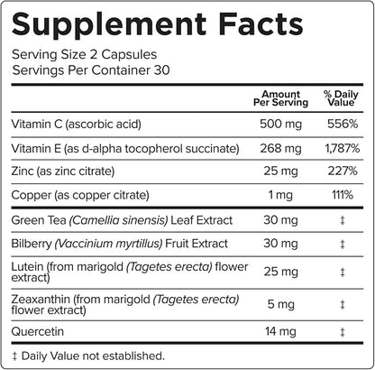 Natural Eye Health Vitamins with Bilberry Zeaxanthin Lutein - Macular Support Supplement, Formula Based On AREDS2® Clinical Trials Plus Carotenoids Quercetin EGCG - Macutene® Protect (60 Capsules)
