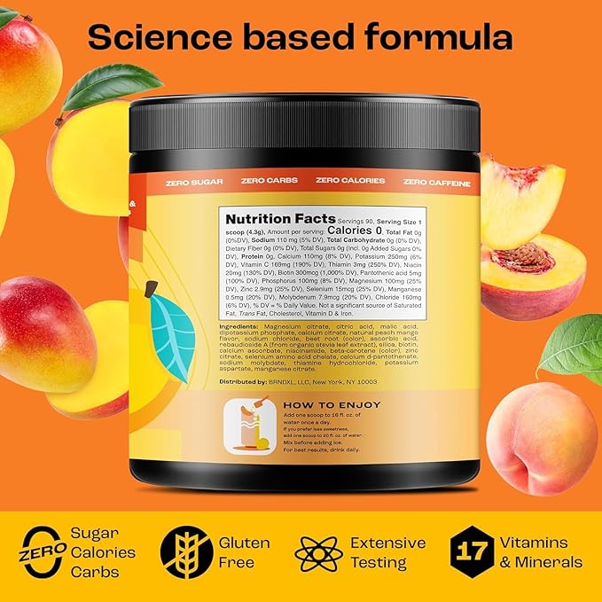 KEY NUTRIENTS Multivitamin Electrolytes Powder No Sugar - Tropical Peach Mango Electrolyte Powder - Endurance & Energy Supplement - Hydration Powder - No Calories - 90 Servings - Made in USA