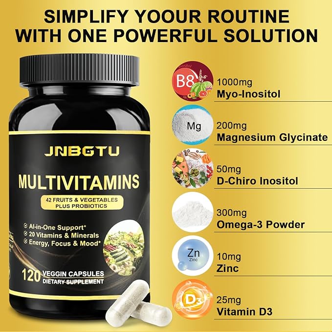 Myo-Inositol Supplement 1000mg, Magnesium Glycinate 200mg, D-Chiro Inositol 50mg, Omega-3 Powder 300mg, Zinc 10mg, Vitamin D3, Multivitamin/Multimineral Supplement. 120 Count