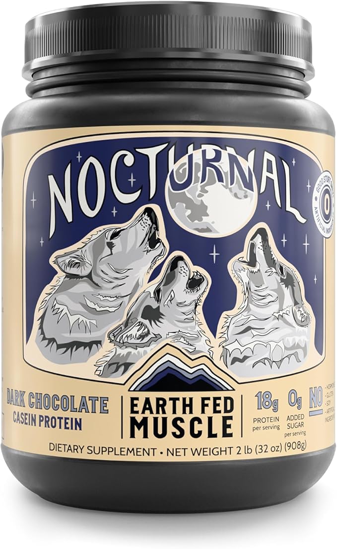 Earth Fed Muscle Nocturnal Casein/Whey Protein Blend. Helps Keep You Full, Overnight Muscle Recovery, Rich Dark Chocolate Flavor - 18g Protein, 23 Servings - Sugar Free, Keto, Soy Free, Gluten Free.