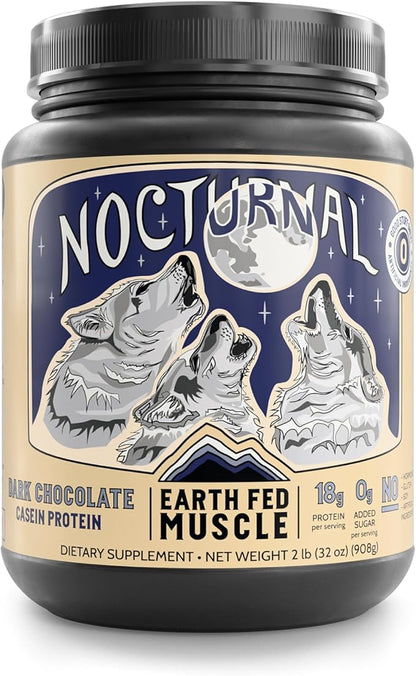 Earth Fed Muscle Nocturnal Casein/Whey Protein Blend. Helps Keep You Full, Overnight Muscle Recovery, Rich Dark Chocolate Flavor - 18g Protein, 23 Servings - Sugar Free, Keto, Soy Free, Gluten Free.