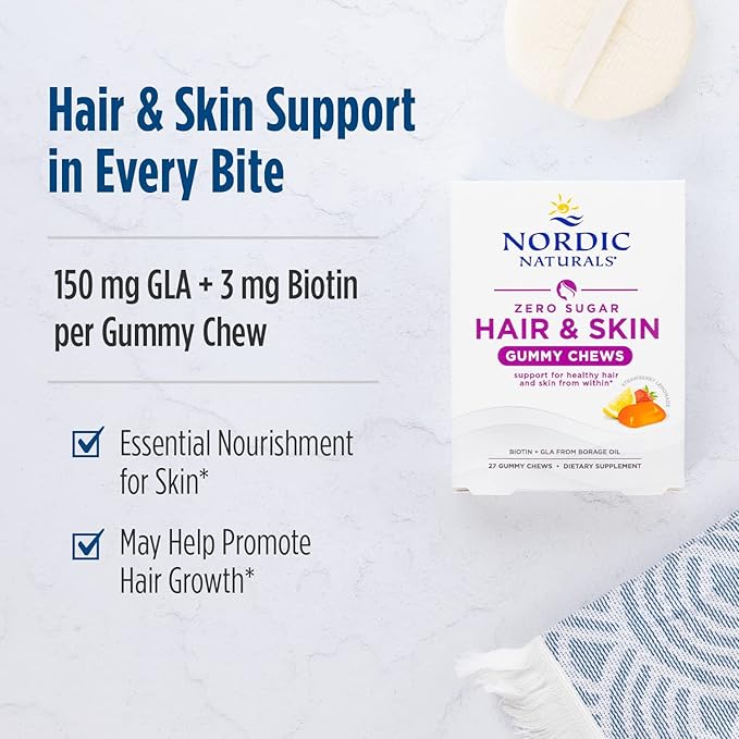Nordic Naturals Zero Sugar Hair & Skin Gummy Chews, Strawberry Lemonade - 27 Gummy Chews - Biotin + GLA from Borage Oil - Promotes Healthy Balance of Fats in Skin - Non-GMO - 27 Servings