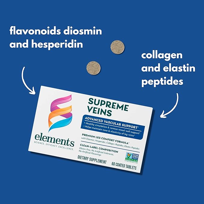 Elements Supreme Veins, 60 Tablets (30 Day Supply), Advanced Vascular Support Supplement, Supports Healthy Circulation and Elasticity in Leg Veins, Gluten Free