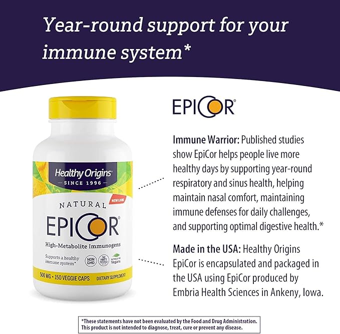 Healthy Origins EpiCor (Immune Protection), 500 mg - Plant-Based Immune Support Capsules - Gluten-Free & Non-GMO Supplement - 60 Veggie Caps