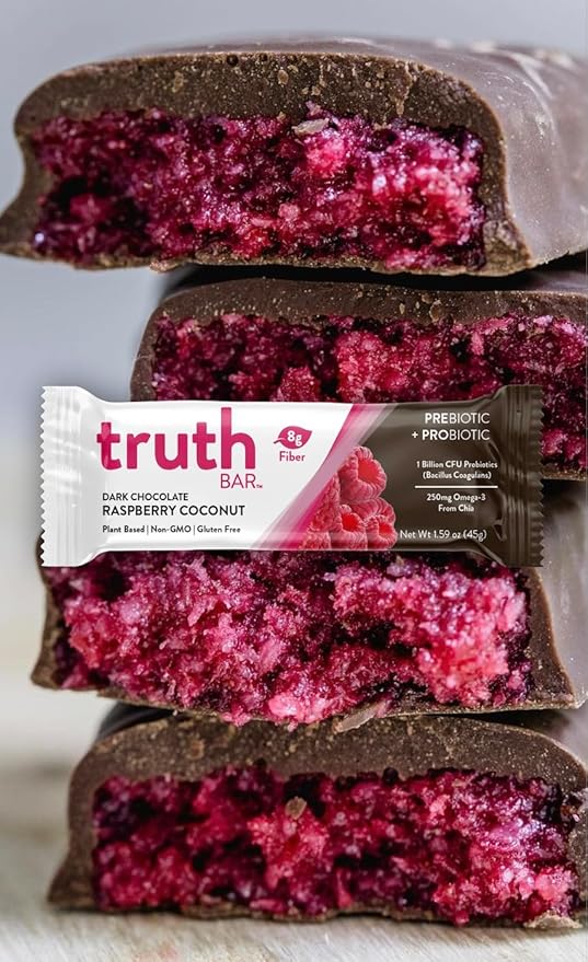 Truth Bar Prebiotic & Probiotic Keto Snack Vegan Bars with Omega-3's - Synbiotic High Fiber Snacks - Low Sugar, Kosher, Gluten Free - Dark Chocolate Coconut Raspberry Truffle (Pack of 12)