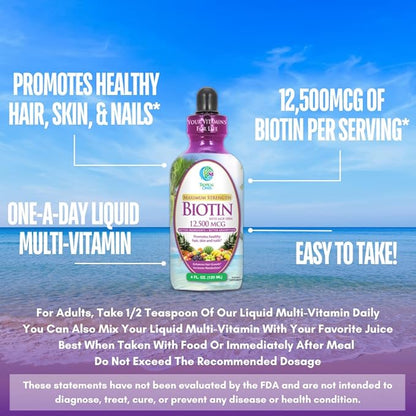 Maximum Strength Liquid Biotin Drops w/ 12,500 MCG – Best Vitamins for Fast Hair Growth, Reduced Hair Loss, Healthy Skin & Strong Nails -5X More Potent Than Pills– Max Absorption, Vegan– 4oz, 30 Serv
