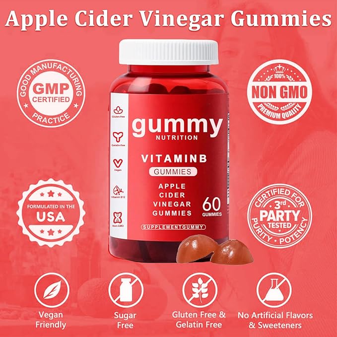 Apple Cider Vinegar Gummies - 60 Count, ACV Gummies Vitamin B12 Supplement, Vegan, Non-GMO, Gluten-Free & Gelatin Free, Apple Flavored Gummy Vitamins for Energy