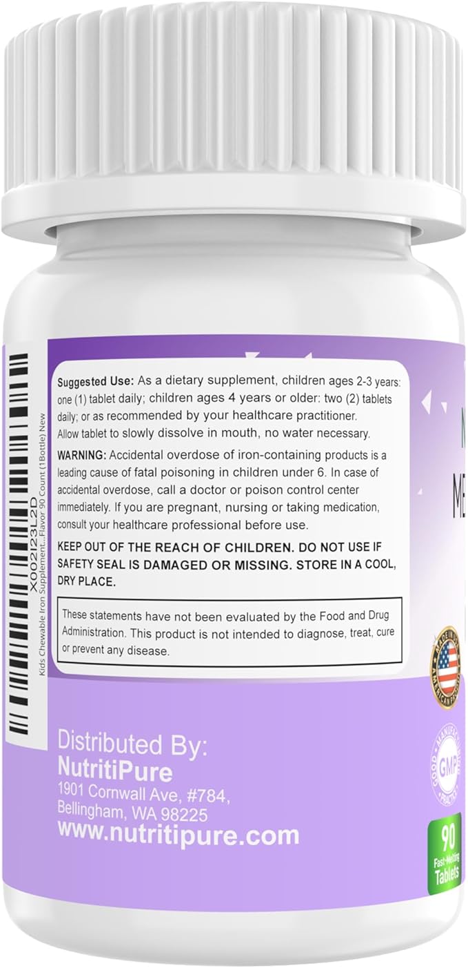 Chewable Iron Supplements for Kids (Ferronyl®/Carbonyl Iron 9 mg with Vitamin C 30 mg) Tablet in Delicious Grape Flavor Kids Iron Supplement 90 Count (1 Bottle)