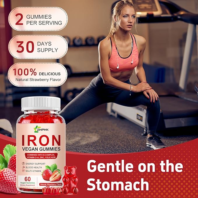 Iron Supplement Gummies, 65mg Iron and 250mg Vitamin C for Women Men Kids, Natural Vegan Iron Gummy with Vitamin A, B-Complex, Biotin, Zinc & Folate -Blood Builder & Energy Support, 60 Gummies