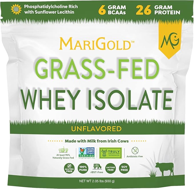 MariGold Grassfed Whey Isolate Protein Powder - Unflavored 2LB - Muscle Building & Recovery - 100% Pure, Cold Processed, Micro Filtered, Non-GMO, rBGH Free, Soy Free, Gluten Free, Lactose Free