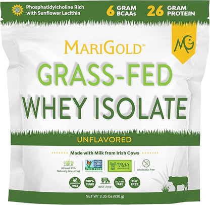 MariGold Grassfed Whey Isolate Protein Powder - Unflavored 2LB - Muscle Building & Recovery - 100% Pure, Cold Processed, Micro Filtered, Non-GMO, rBGH Free, Soy Free, Gluten Free, Lactose Free