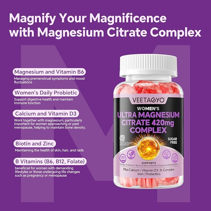 Magnesium Citrate Gummies 420mg for Adult - Dual Layer - w/ 10 Billion CFU - 5 Strains Probiotics & Calcium,D3,Biotin,Iron,B6,B12,Folate,Supports for Bone,Nerve,Relaxation,Muscle - Vegan 60 Cts