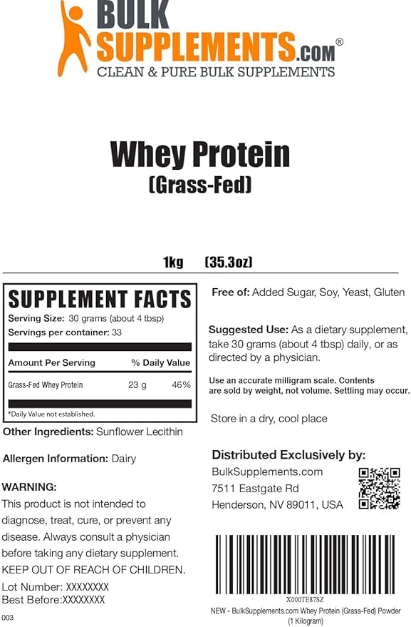 BulkSupplements.com Grass Fed Whey Protein Powder - Unflavored Whey Protein Powder, Grass Feed Whey Protein Concentrate - Gluten Free, 30g per Serving, 1kg (2.2 lbs) (Pack of 1)