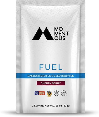 Momentous Fuel Intra-Workout Carbs & Electrolyte Drink Mix - Hydration Powder for Sustained Energy During Workouts - NSF Certified, GMO-Free, Gluten Free - 12 Single Serving Packets, Cherry Berry