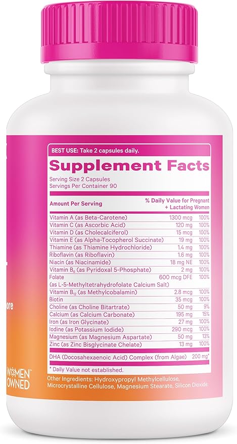 Pink Stork Total Prenatal Vitamins with DHA, Folate, and Iron, 3 Month Supply to Help Support Fetal Development, Pregnancy Must Haves - 180 Capsules