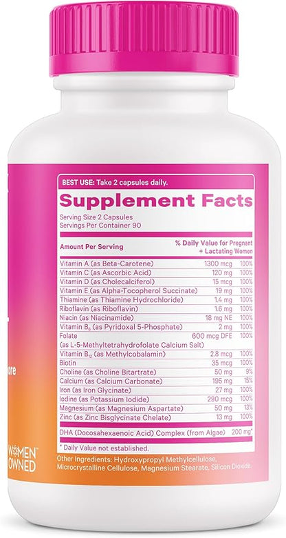 Pink Stork Total Prenatal Vitamins with DHA, Folate, and Iron, 3 Month Supply to Help Support Fetal Development, Pregnancy Must Haves - 180 Capsules