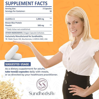 Urolithin A Supplement 1500MG Plus Brown Rice Protein, for Exercise Performance & Premium Cellular, Gluten Free, 60 Capsules