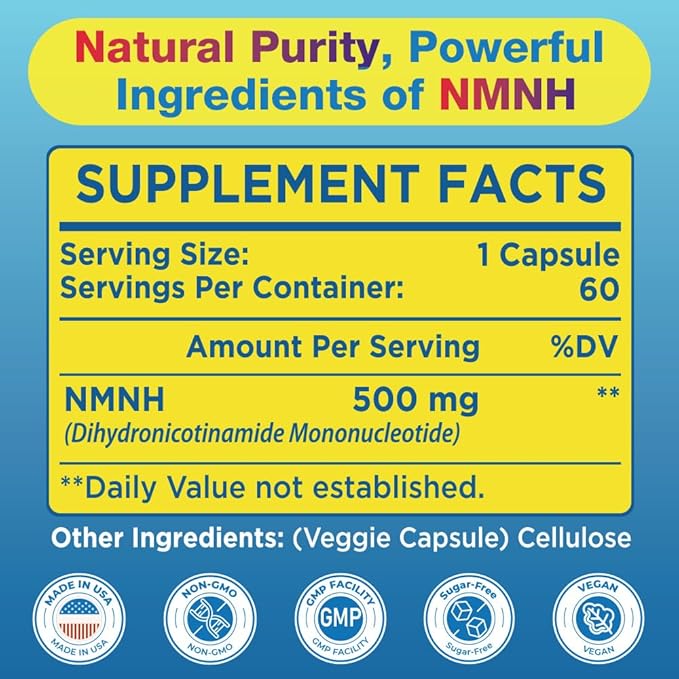 NMNH (Dihydronicotinamide Mononucleotide) 500mg Per Serving, NMNH NAD Supplement to Boost NAD+ Levels As We Age, NAD Plus Supplement for Anti Aging, Energy, Immune, Focus, Pure Organic - 60 Capsules