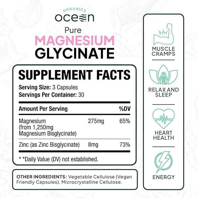 Pure Magnesium Glycinate with Zinc - Maximum Strength Chelated Magnesium Supplement for Women and Men for Muscle Cramps and Sleep Support - 3 Bottles