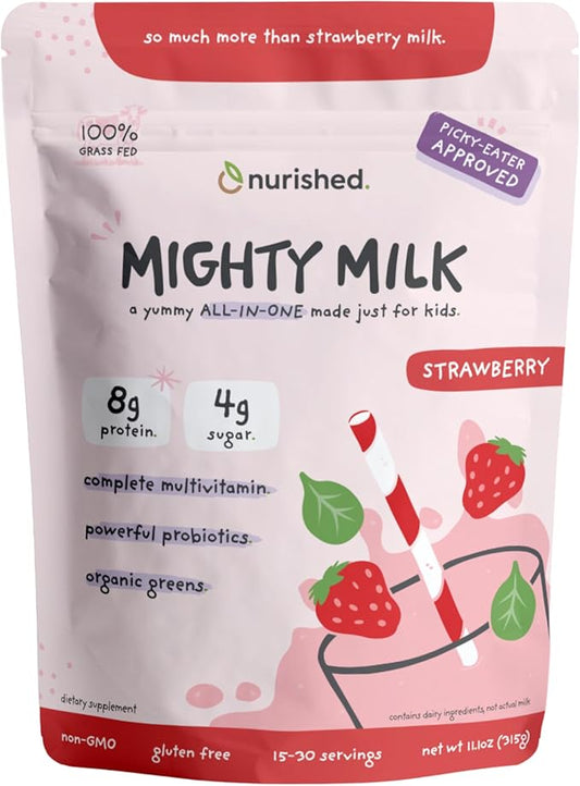 Mighty Strawberry Milk - Kids All-in-One Daily Protein Powder & Multivitamin Boosted with 2 Billion Probiotics & Organic Spinach - Natural Flavors, Colors & Sweeteners - 15-30 Servings