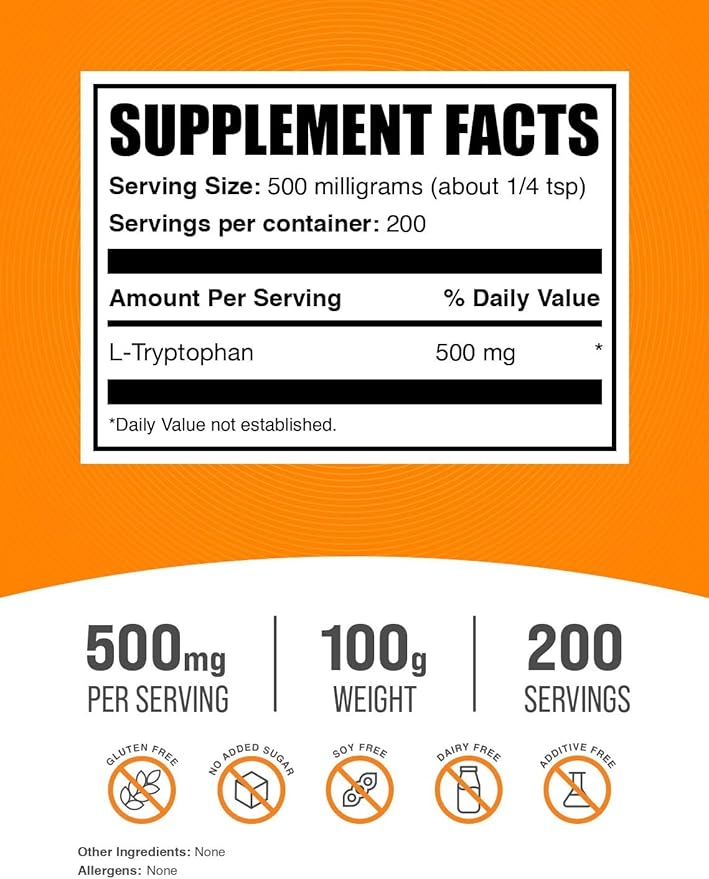 BulkSupplements.com L-Tryptophan Powder - L-Tryptophan 500mg, Tryptophan Supplement - Amino Acid Supplement, Gluten Free, 500mg per Serving, 100g (3.5 oz) (Pack of 1)