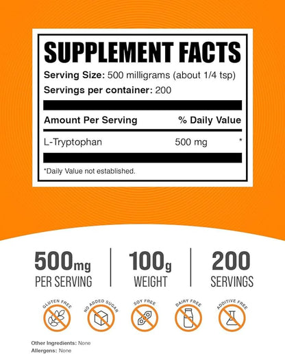 BulkSupplements.com L-Tryptophan Powder - L-Tryptophan 500mg, Tryptophan Supplement - Amino Acid Supplement, Gluten Free, 500mg per Serving, 100g (3.5 oz) (Pack of 1)