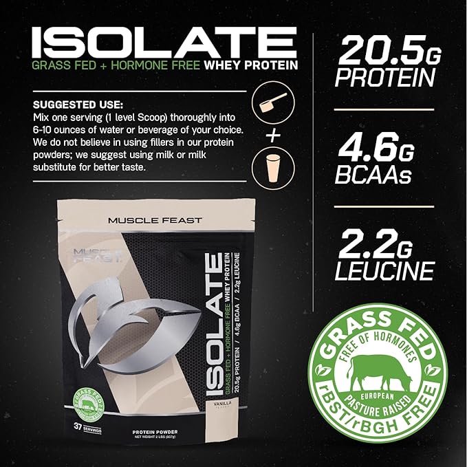 Muscle Feast Grass-Fed Whey Protein Isolate, All Natural Hormone Free Pasture Raised, Vanilla, 2lb