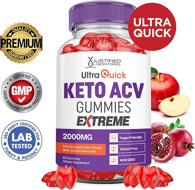 (2 Pack) Ultra Quick Keto ACV Gummies Extreme 2000MG Ultraquick Keto Gummies Apple Cider Vinegar Formulated with Pomegranate Beet Juice Powder B12 Vegan Non GMO 120 Gummys