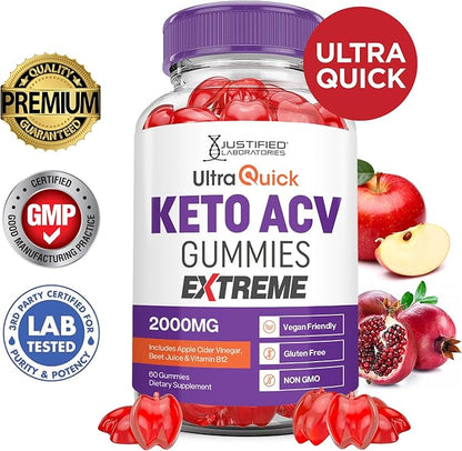 (2 Pack) Ultra Quick Keto ACV Gummies Extreme 2000MG Ultraquick Keto Gummies Apple Cider Vinegar Formulated with Pomegranate Beet Juice Powder B12 Vegan Non GMO 120 Gummys