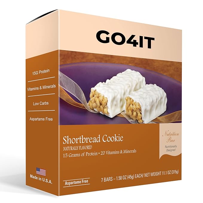 GO4IT Health Meal Replacement Bar, HIGH Protein Nutrition Bar, HIGH Fiber, LOW Calories, KETO friendly, Pre-workout, Weight Loss Food Bar, 7/Box - (Shortbread Cookie)
