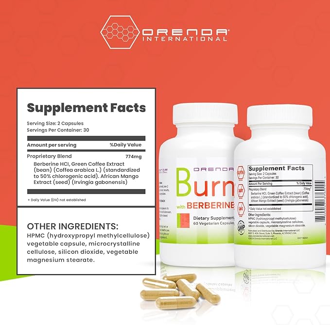 Orenda Burn - Advanced Wellness Support Supplement with Berberine HCI, Green Coffee Extract & African Mango - Promotes Healthy Weight Management, Cardiovascular Health & Energy Levels - 60 Capsules