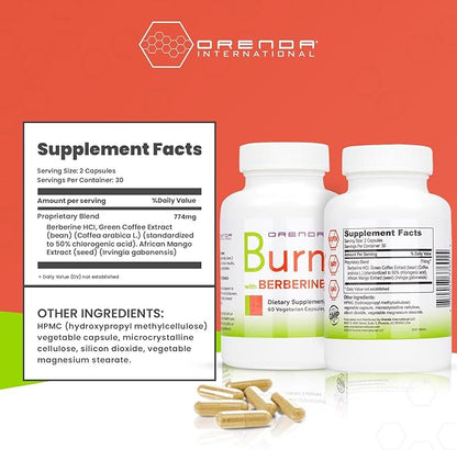 Orenda Burn - Advanced Wellness Support Supplement with Berberine HCI, Green Coffee Extract & African Mango - Promotes Healthy Weight Management, Cardiovascular Health & Energy Levels - 60 Capsules