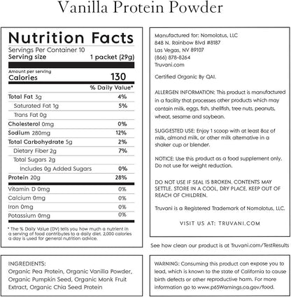 Truvani Vegan Pea Protein Powder | Vanilla | 20g Organic Plant Based Protein | 10 Travel Packets | Keto | Gluten & Dairy Free | Low Carb | No Added Sugar